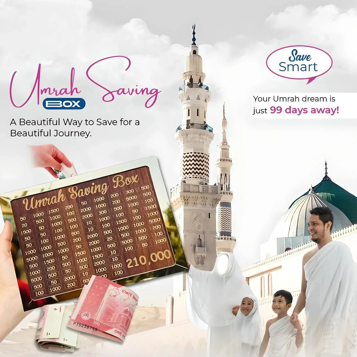 Umrah Saving Box - Wooden Islamic Money Box - 280 Days Umrah Savings Box Plan