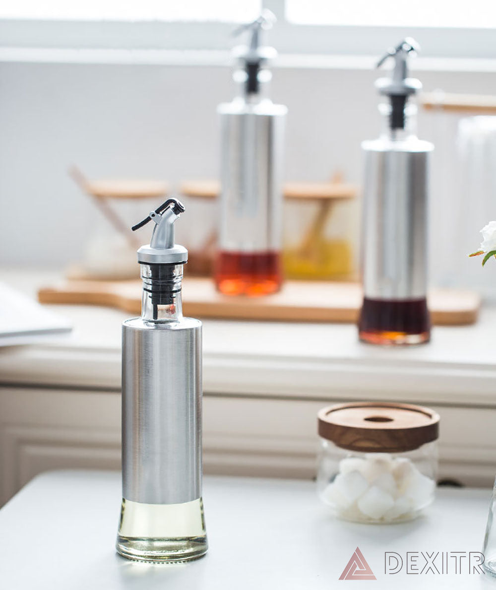 Kitchen Cooking Oil Vinegar Bottle with Dropper Best For Olive oil Usage Glass and Stainless Steel – 300 ml