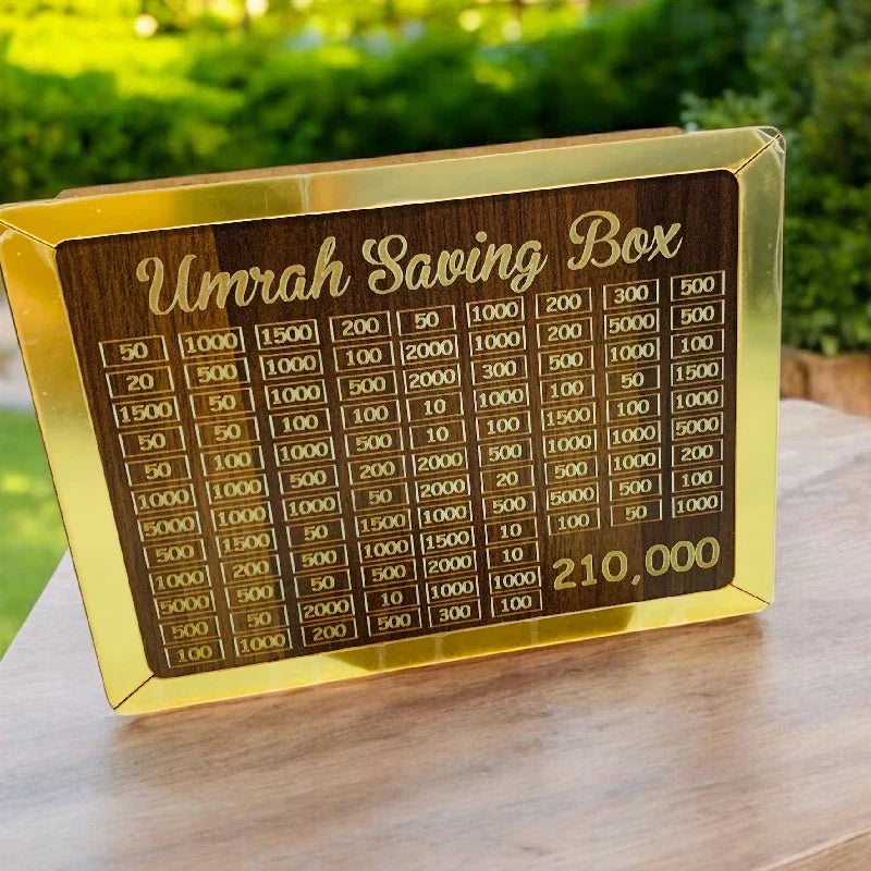Umrah Saving Box - Wooden Islamic Money Box - 280 Days Umrah Savings Box Plan